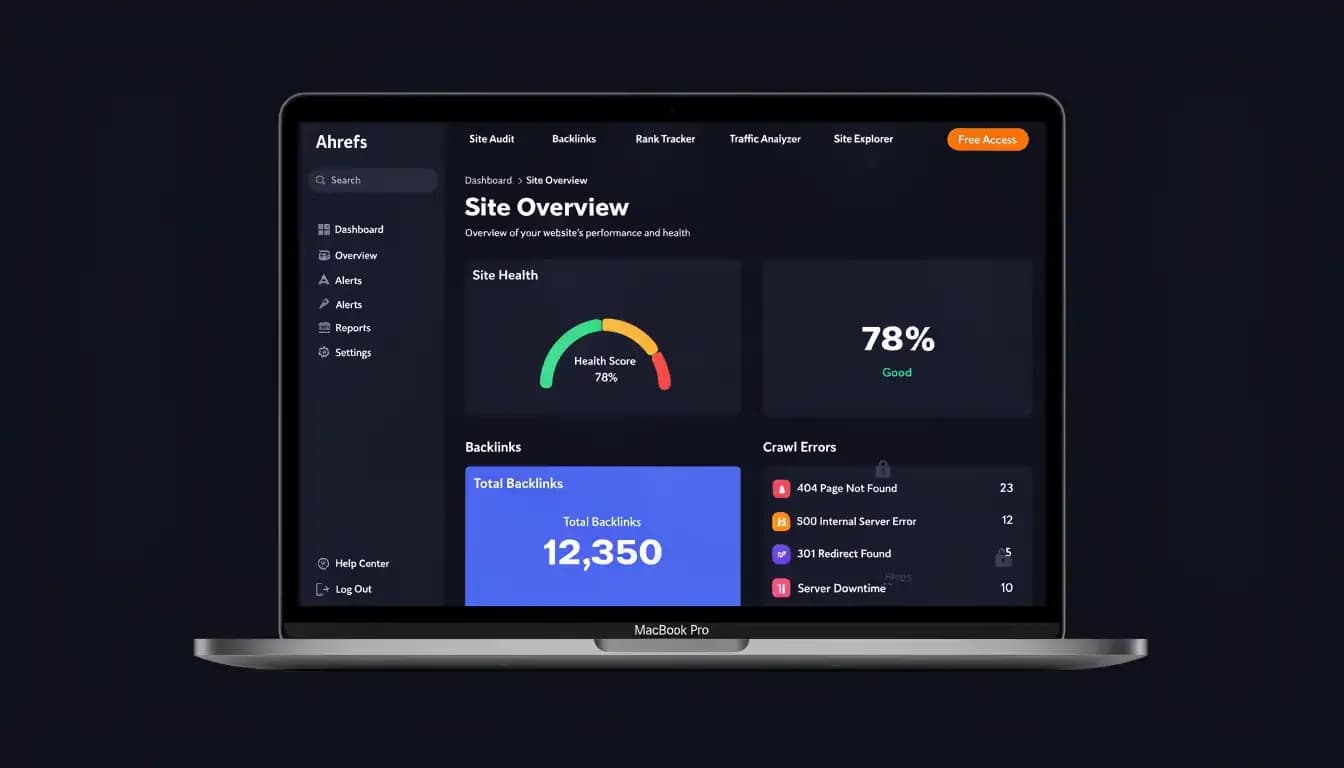 Ahrefs Webmaster Tools free plan dashboard on MacBook Pro showing site overview with limited features, free access badge and backlink data in dark mode|Ahrefs Free Trial 2026 — Is There One? Honest Answer