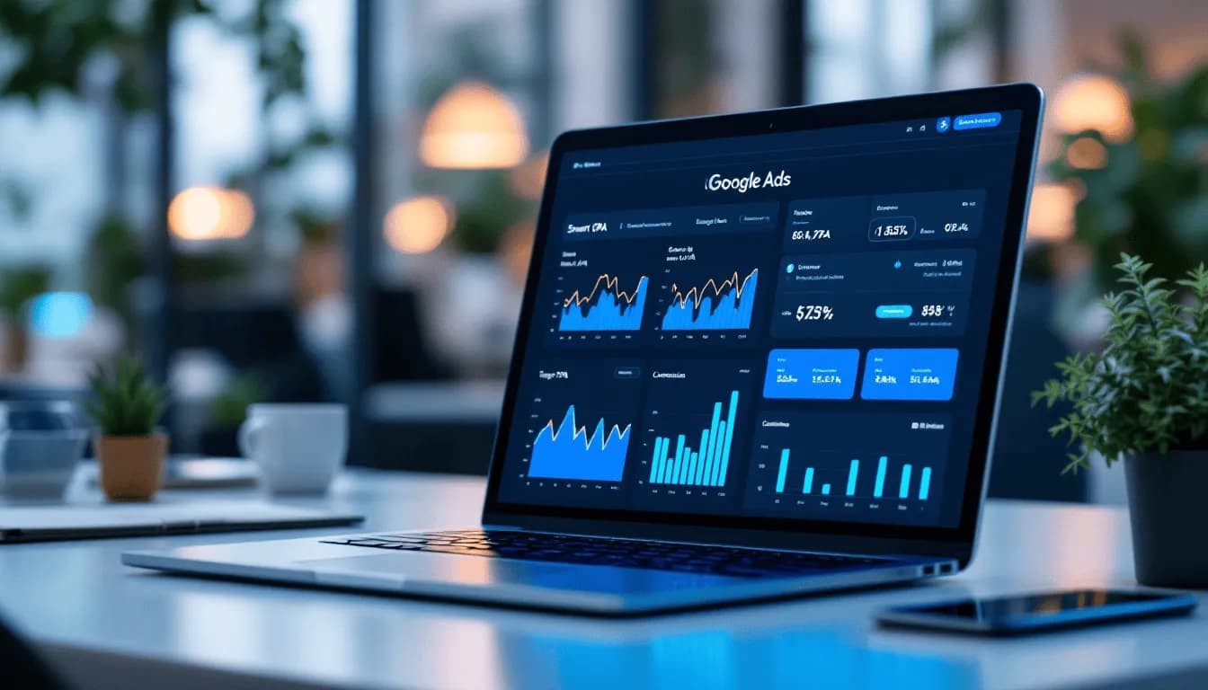 Google Ads Smart Bidding dashboard on MacBook Pro with target CPA graphs and conversion charts