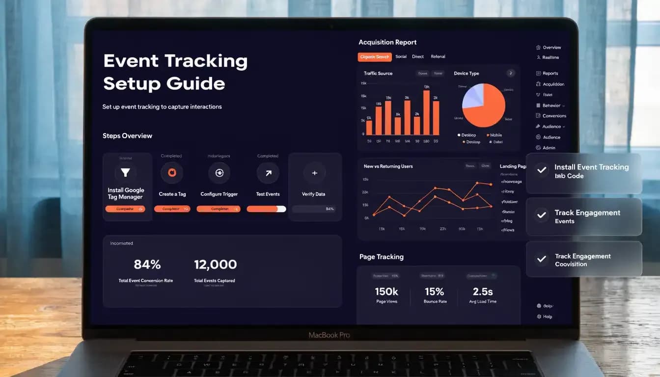 Google Analytics 4 setup guide dashboard on MacBook Pro with dark UI and funnel visualization